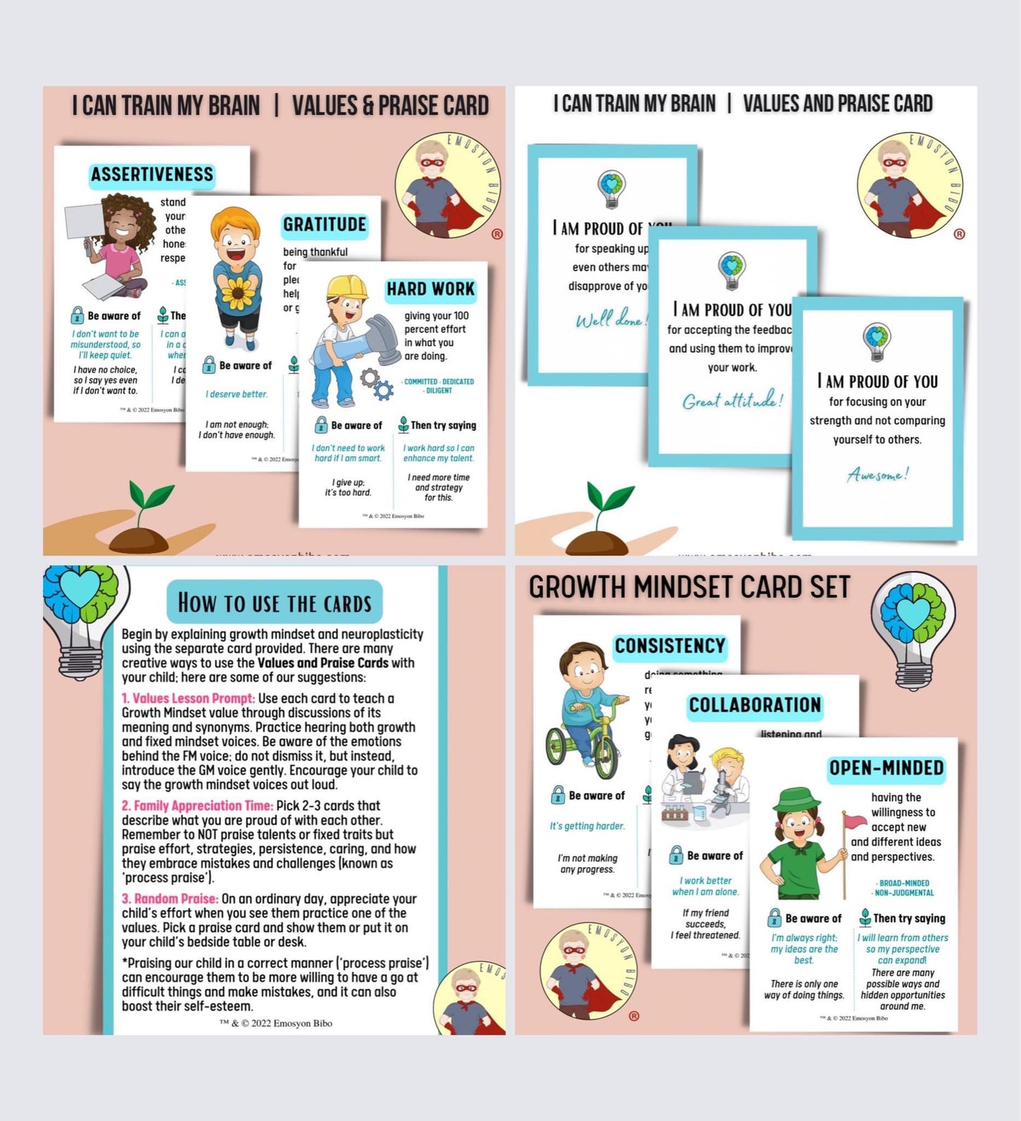 Growth Mindset Cards - "I Can Train My Brain" Values and Praise Cards